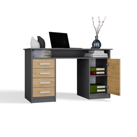 BIURKO ADA ANTRACYT DĄB ARTISAN 125 Cm 4 Szuflady Szafka Półki Do Biura Pokoju Na Laptop