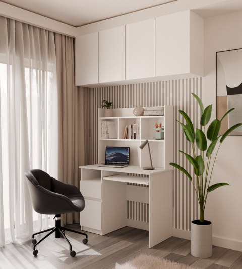 Biurko PORTO Lewe Z Nadstawką Biel Mat Szuflada Półki Do Biura Pokoju