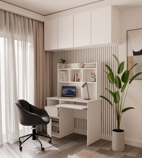 Biurko PORTO Lewe Z Nadstawką Biel Mat Szuflada Półki Do Biura Pokoju