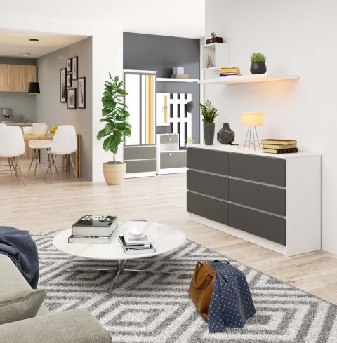 Komoda K 140 cm 6 szuflad PK biała-grafit szary