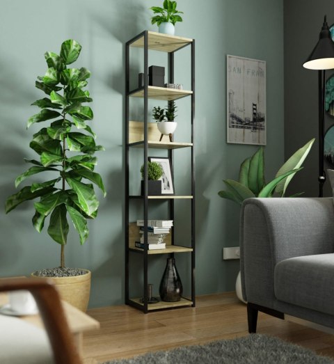 Regał loftowy metalowy 40 cm - czarny-dąb artisan - 6 półek