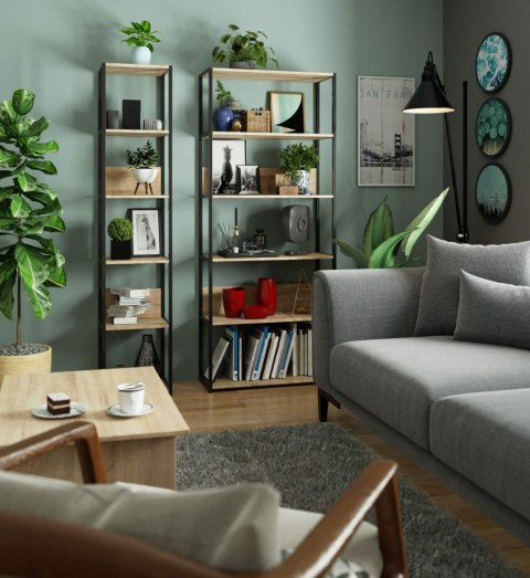 Regał loftowy metalowy 40 cm - czarny-dąb sonoma - 6 półek