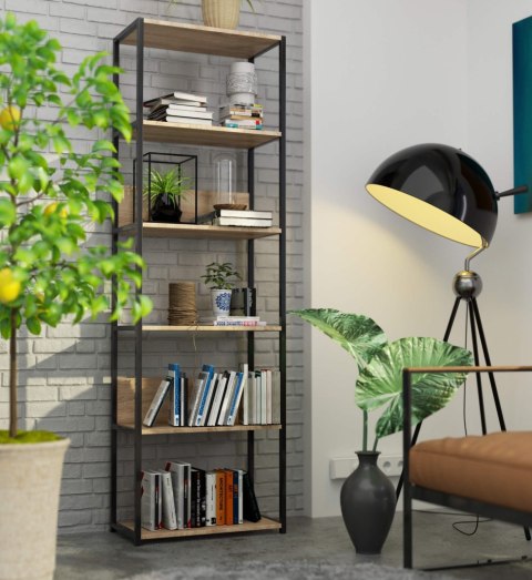 Regał loftowy metalowy 60 cm - czarny-dąb sonoma - 6 półek