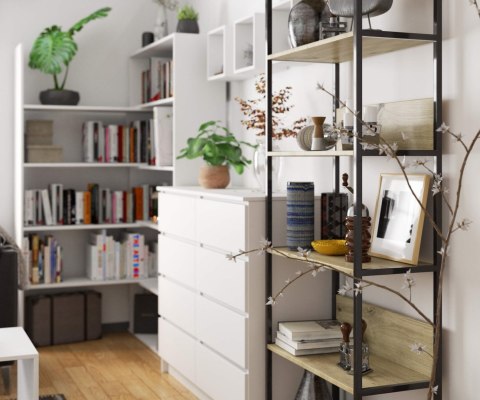 Regał loftowy metalowy 70 cm - czarny-dąb artisan - 6 półek