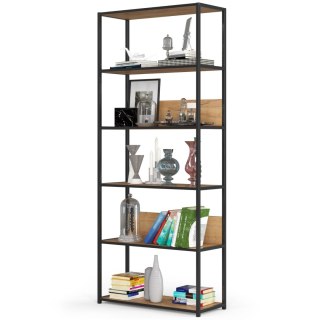 Regał loftowy metalowy 80 cm - czarny-dąb craft - 6 półek