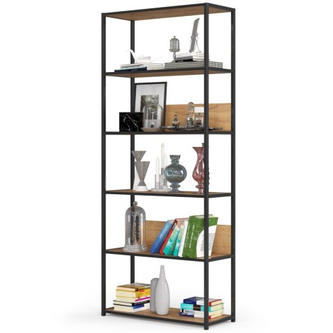 Regał loftowy metalowy 80 cm - czarny-dąb craft - 6 półek