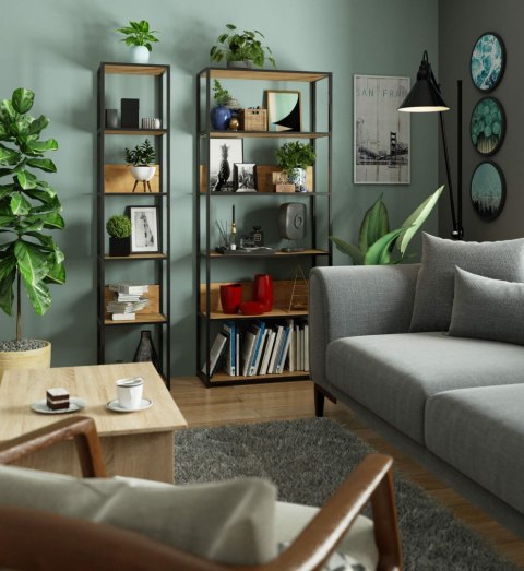 Regał loftowy metalowy 80 cm - czarny-dąb craft - 6 półek