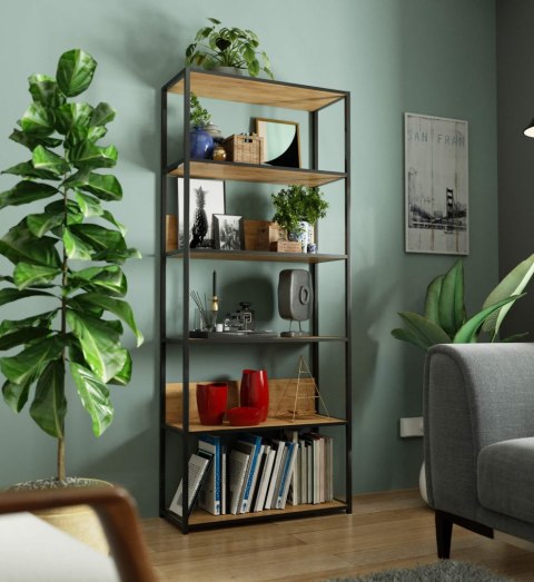 Regał loftowy metalowy 80 cm - czarny-dąb craft - 6 półek