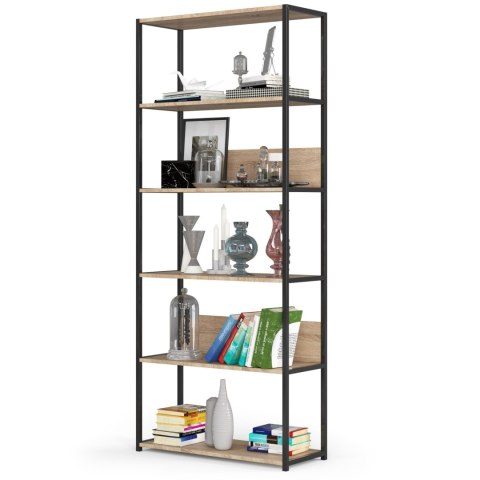 Regał loftowy metalowy 80 cm - czarny-dąb sonoma - 6 półek