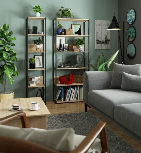 Regał loftowy metalowy 80 cm - czarny-dąb sonoma - 6 półek