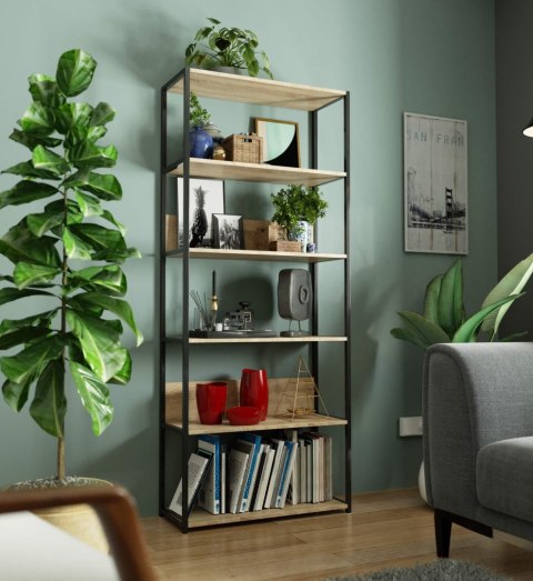 Regał loftowy metalowy 80 cm - czarny-dąb sonoma - 6 półek