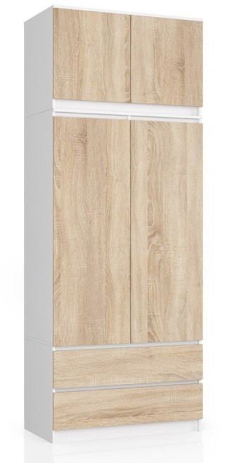 SZAFA Z NADSTAWKĄ S 90 cm 2 DRZWI 2 SZUFLADY PK BIAŁY / SONOMA
