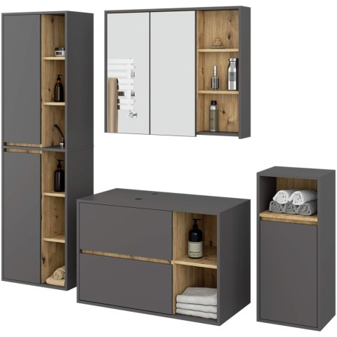 ZESTAW MEBLI ŁAZIENKOWYCH WISZĄCYCH Z OTWORAMI VAMI GRAFIT SZARY / DĄB ARTISAN