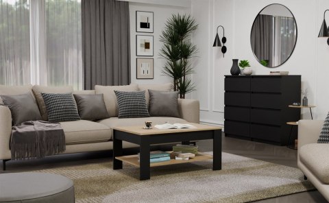 Stolik Kawowy OHIO DĄB ARTISAN CZARNY Ława Półki Do Salonu 93x58x43,5 Cm