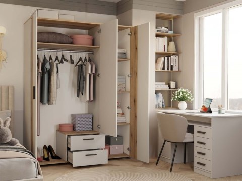 SZAFA AVA 150 CM LUSTRO 2 SZUFLADY RYFLOWANY FRONT DĄB EVOKE KASZMIR BEŻ