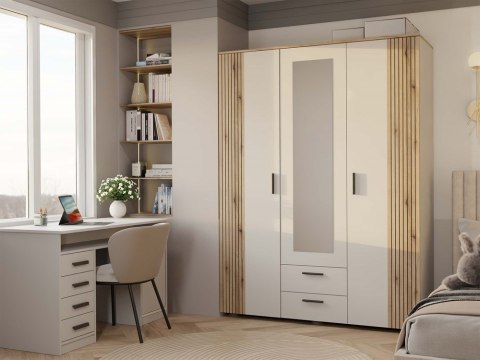 SZAFA AVA 150 CM LUSTRO 2 SZUFLADY RYFLOWANY FRONT DĄB EVOKE KASZMIR BEŻ