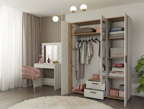 SZAFA AVA 150 CM LUSTRO 2 SZUFLADY RYFLOWANY FRONT DĄB EVOKE KASZMIR BEŻ