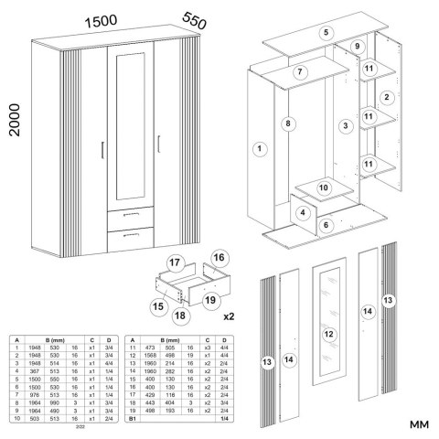 SZAFA AVA 150 CM LUSTRO 2 SZUFLADY RYFLOWANY FRONT DĄB EVOKE KASZMIR BEŻ