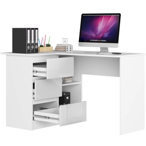 BIURKO NAROŻNE B16 124 cm LEWE 3 SZUFLADY PK BIAŁE / BIAŁY POŁYSK