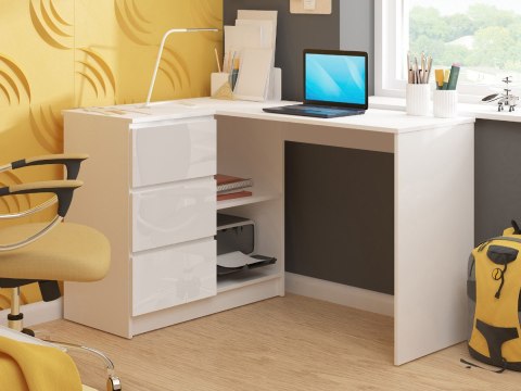 BIURKO NAROŻNE B16 124 cm LEWE 3 SZUFLADY PK BIAŁE / BIAŁY POŁYSK