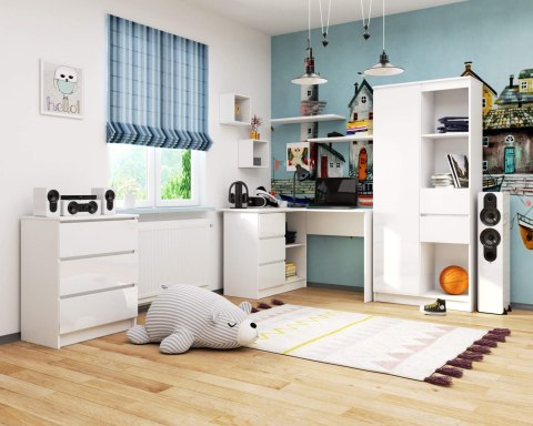 BIURKO NAROŻNE B16 124 cm LEWE 3 SZUFLADY PK BIAŁE / BIAŁY POŁYSK