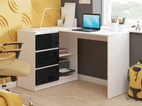 BIURKO NAROŻNE B16 124 cm LEWE 3 SZUFLADY PK BIAŁE / CZARNY POŁYSK