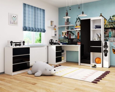 BIURKO NAROŻNE B16 124 cm LEWE 3 SZUFLADY PK BIAŁE / CZARNY POŁYSK