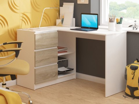 BIURKO NAROŻNE B16 124 cm LEWE 3 SZUFLADY PK BIAŁE / SONOMA