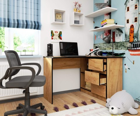 BIURKO NAROŻNE B16 124 cm PRAWE 3 SZUFLADY DĄB CRAFT