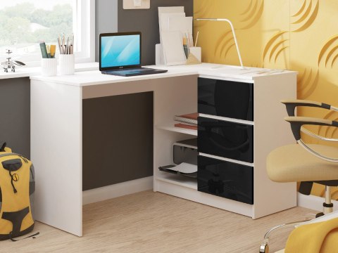 BIURKO NAROŻNE B16 124 cm PRAWE 3 SZUFLADY PK BIAŁE / CZARNY POŁYSK