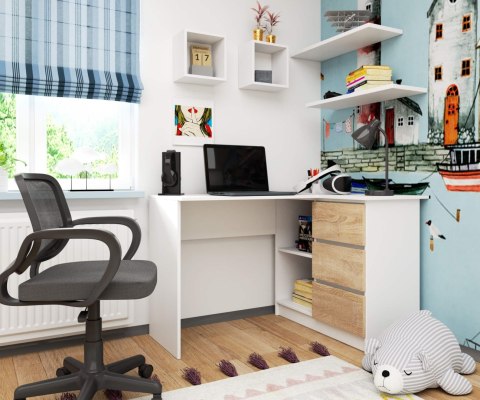 BIURKO NAROŻNE B16 124 cm PRAWE 3 SZUFLADY PK BIAŁE / SONOMA