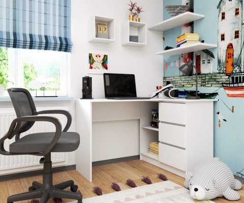 BIURKO NAROŻNE B16 124 cm PRAWE 3 SZUFLADY PK BIAŁE