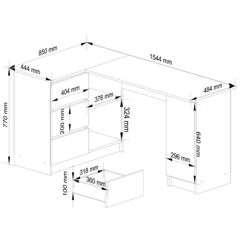 BIURKO NAROŻNE B20 155 cm LEWE PK BIAŁY POŁYSK