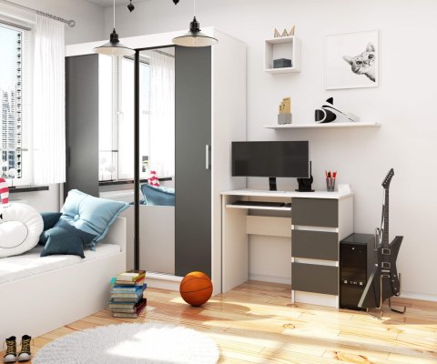 Biurko komputerowe A-6 90 cm prawe - PK białe-grafit szary - 3 szuflady