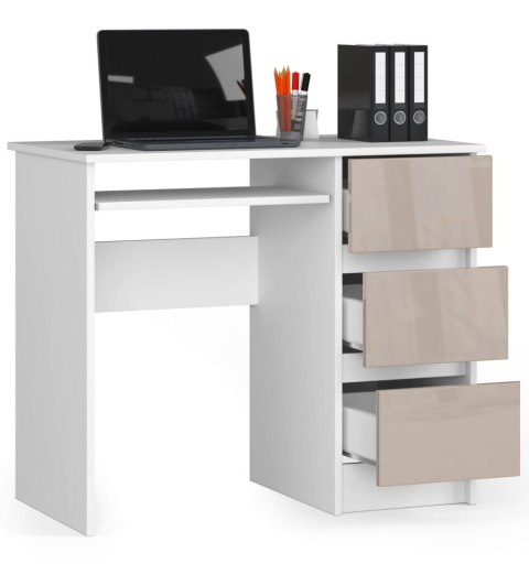 Biurko komputerowe A-6 90 cm prawe - białe-cappuccino połysk - 3 szuflady