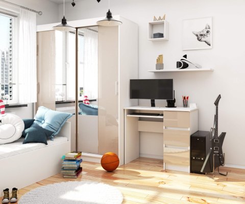 Biurko komputerowe A-6 90 cm prawe - białe-cappuccino połysk - 3 szuflady