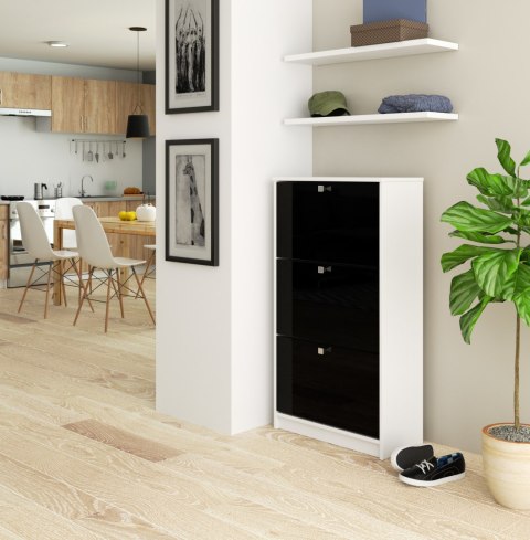 SZAFKA NA BUTY 3 UCHYLNE DRZWICZKI 60 cm BIAŁA / CZARNY POŁYSK